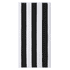A striped blanket with alternating black and white vertical stripes, featuring a simple design and branding.