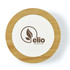 A round wireless charger with a light cream centre and a bamboo outer rim, featuring a leaf logo.