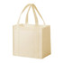 A beige non-woven tote bag with two handles and a simple design, featuring a logo.