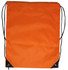 An orange drawstring backpack with black reinforced corners and adjustable straps.