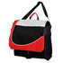 A messenger bag featuring a black base with a red and white flap, equipped with a shoulder strap and handle.