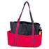A black and red bag with multiple pockets and straps, featuring a drink bottle in one of the side pockets.