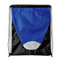 A drawstring backpack in blue and black, featuring a grey accent at the bottom and black cord straps.