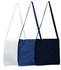 A set of three fabric bags in white, blue, and navy, each with a long strap and a simple design.