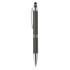 A pen with a black barrel and silver accents, featuring a stylus tip at one end and a clip.