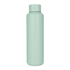 A drink bottle in a soft mint green colour with a smooth surface and a screw-top lid, featuring a logo.