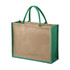 A tote bag featuring a natural jute body with green handles and trim. It has a simple, sturdy design.