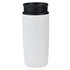 A travel mug with a sleek white body and a black lid. Features a logo on the surface.