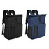 A backpack in black and navy, featuring adjustable straps, a front pocket, and a logo.