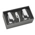 A wine glass set featuring two clear glasses and a silver corkscrew, presented in a sleek black box.