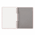 A Twin-Spiral PU hardcover notebook featuring lined pages and a grey pocket on the inside cover, with a soft pink exterior.