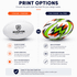 A rugby ball featuring a white design on one side and a multicoloured pattern on the other, with a logo.