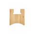 A bamboo chopping board features a unique shape with a cut-out handle. The surface showcases natural wood grain.
