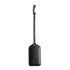 A black luggage tag made of leather, featuring a braided attachment. It has a logo on its surface.