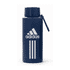 A drink bottle in navy blue featuring a white logo and three stripes design. It includes a secure cap with a handle.