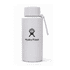 A drink bottle in white with a logo, featuring a screw-top lid and a carrying strap.