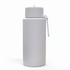 A drink bottle in smooth white with a secure cap and loop for carrying. It features a logo.