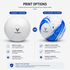 A standard soccer ball in white with blue accents, featuring a logo, showcasing print options for customisation.