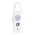 A white safety alarm keychain featuring a round light and a carabiner clip, with a logo on the front.