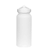 A white drink bottle with a screw-top lid and silver accents. It features a simple design and has a logo.