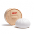 A squishy bun-shaped stress toy in white with a beige woven basket container, featuring a logo on the front.