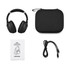 Black wireless headphones along with a carrying case, a user manual, and a charging cable.