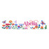 A colourful floral sticker featuring pink text and various illustrations of flowers and butterflies.