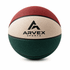 A size 4 children's basketball featuring red, green, and cream panels, with a logo on one side.