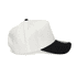 A two-tone cap in white and black with a visible logo, featuring a structured design and flat brim.