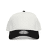 A two-tone cap featuring a white crown and a black brim, with a logo on the front.