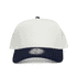 A two-tone cap featuring a white crown and a navy peak. It has a logo on the front.