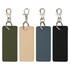 A set of four rectangular keychains in green, beige, blue, and black, each with a silver clip and ring.