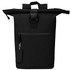 A black roll-top backpack with a front zip pocket and adjustable straps. It features a sturdy handle on top.