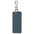 A rectangular keychain in dark blue with a silver metal clip and ring. It features a smooth surface and stitched edges.