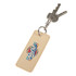 A rectangular keychain in beige with a logo, holding several keys.