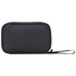 A black tech pouch with a zipper closure and a wrist strap, featuring a logo on the surface.