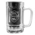 A clear beer glass with a handle features an etched design including a van, mountains, and waves.