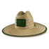 A straw hat in natural tones with a wide green brim and a square patch on the front.