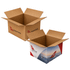 Two medium carton boxes in brown and a stylised design, featuring a logo, both with open flaps.