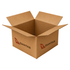A medium brown carton box with an open top, featuring a logo on its side.