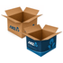 Two large brown carton boxes, one with a blue logo, both featuring open flaps.