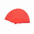 A foldable fan in vibrant red, featuring pleated design and a decorative handle. It includes a logo on the handle.