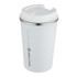 A drink bottle with a double wall design, featuring a white exterior, stainless steel rim, and a lid. Includes a logo.