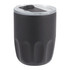 A drink bottle in matte black with a clear lid, featuring a textured design and a logo.