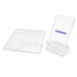 A clear acrylic phone stand kit with a rectangular base and an upright holder. Includes a branding logo.