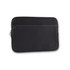 A black neoprene laptop sleeve with a zippered pocket. The sleeve fits a 14-inch laptop and features a logo.