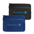 A Neoprene laptop sleeve featuring two colours: black and navy, with a logo on the front. 