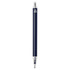 A navy blue recycled aluminium ballpoint pen with a clear clip and branding on the upper part.