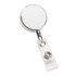 A silver metal zip pull badge holder with a clear strap attachment for securing badges.