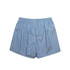 Light blue striped shorts with an elastic waistband. The garment features vertical white stripes and has a branding logo.